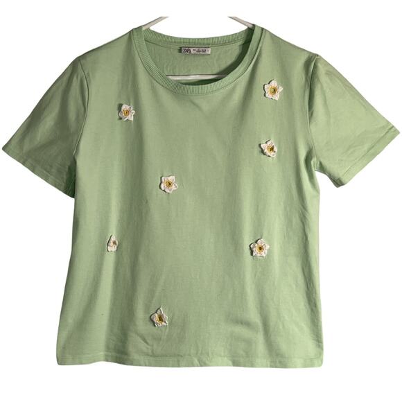 Zara Top Womens Size L Green Daisy Applique Short Sleeve Round Neck Cotton Junio - Picture 1 of 5